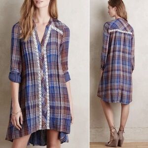 Anthropologie Holding Horses Navy Blue & Orange Plaid Lace Trim High Low Dress M